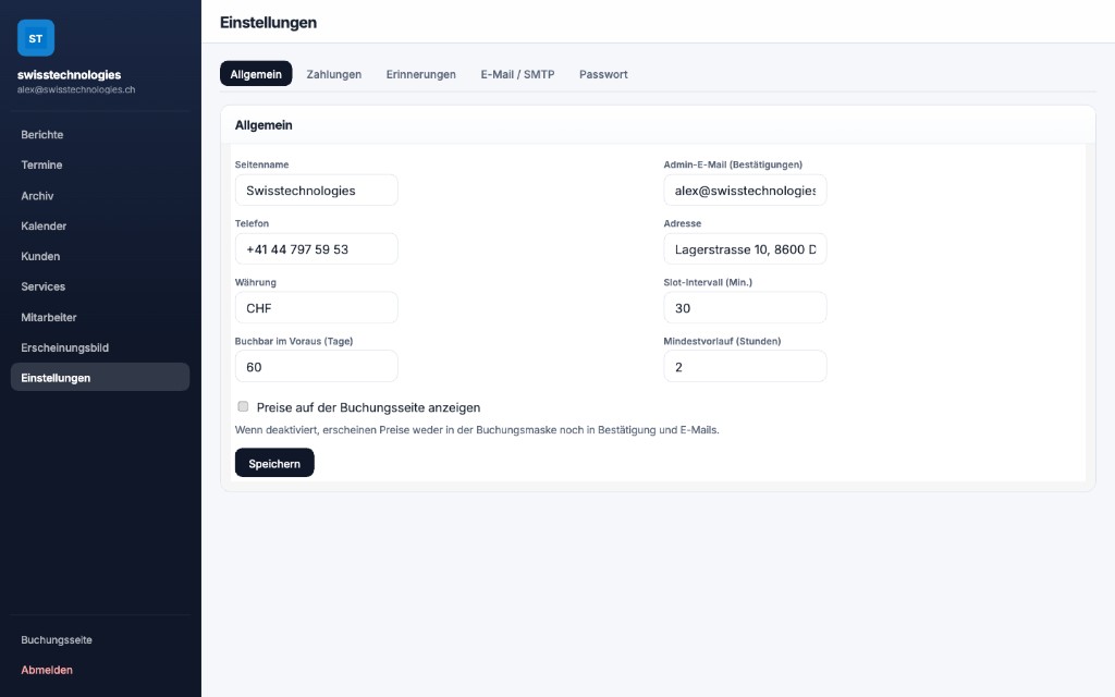 Einstellungen zu Zahlungen, Reminder und SMTP